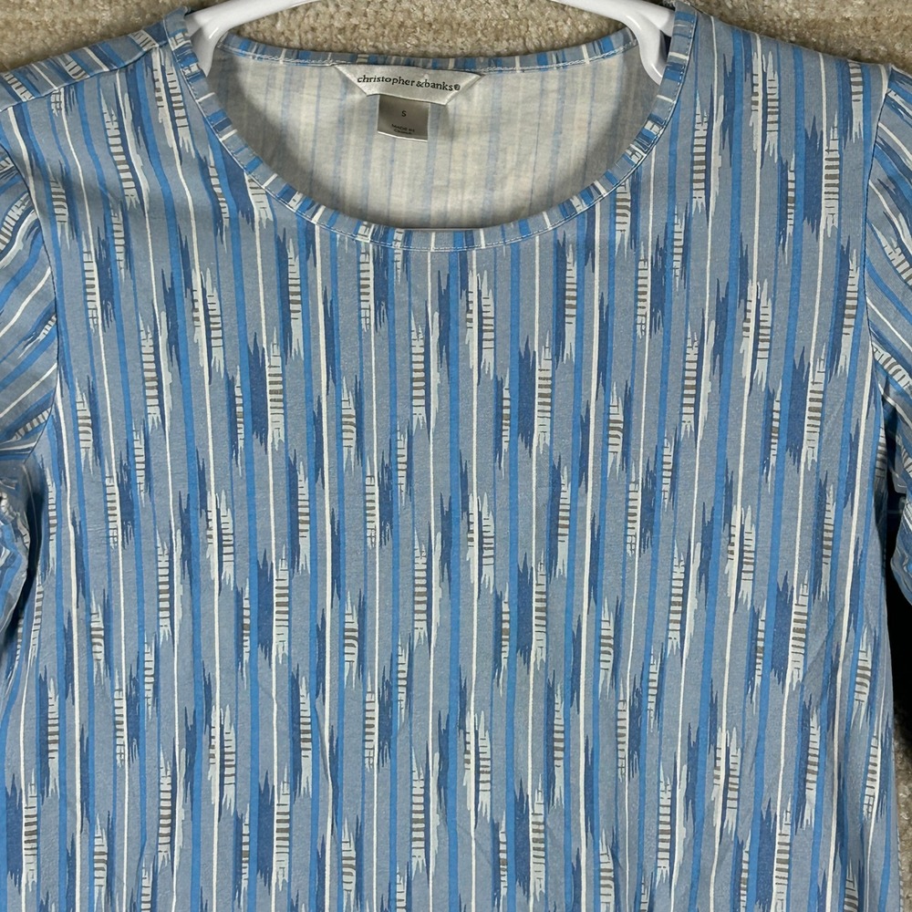 Christopher & Banks Women Boho Coastal Ikat Stripe 3/4 Sleeve Top Blue Small S